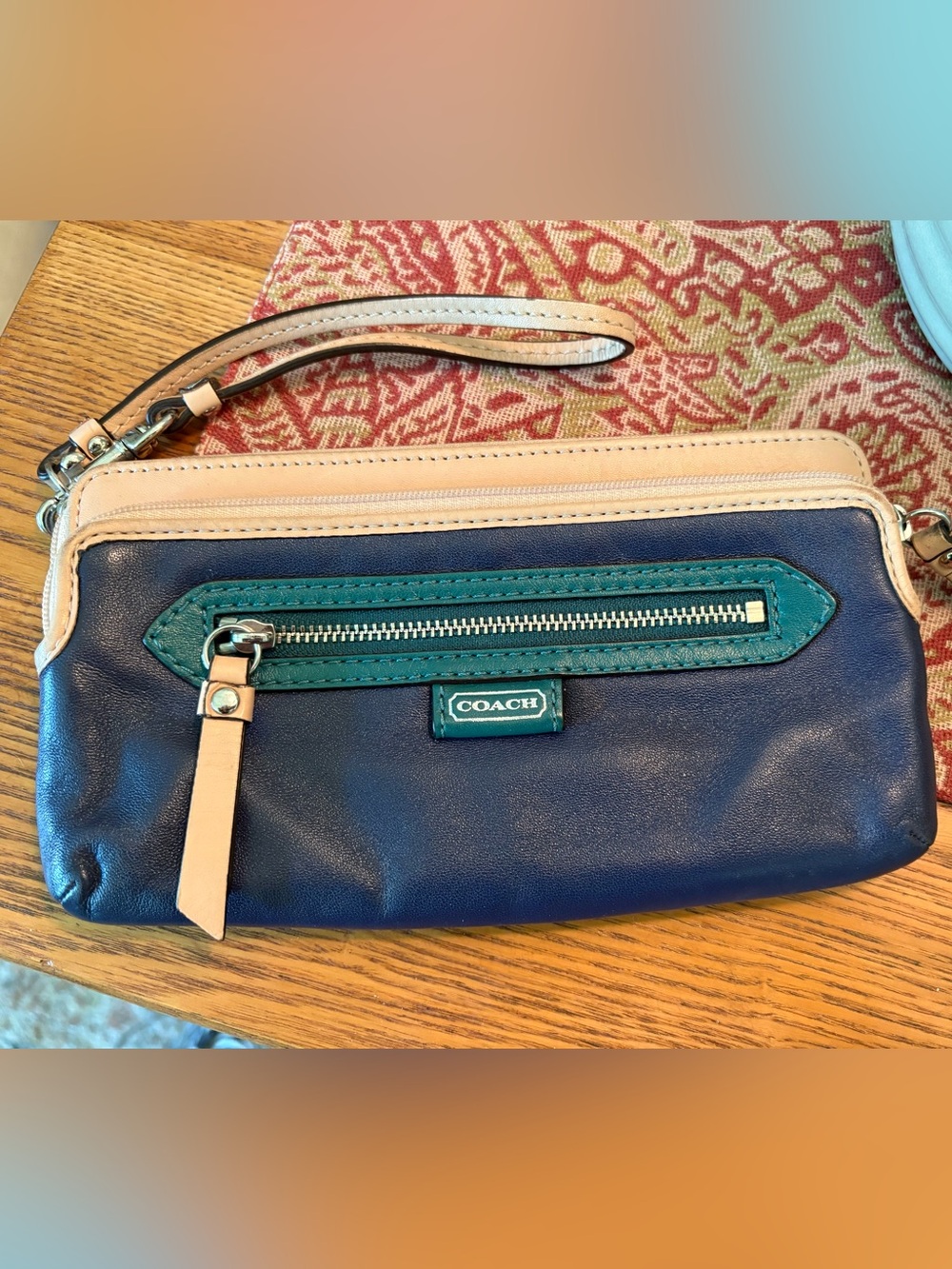 Coach Leather Wristlet in Navy, Teal & Cream
